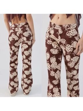 Urban Outfitters Brown Boot-Cut Pants with Cream Strawberry Print